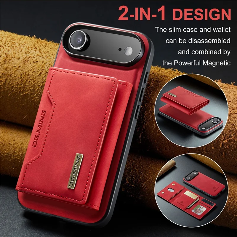 DG.MING Série M2 para iPhone 17 Capa de Ar em Couro PU + PC + TPU Capa de Celular Carteira Destacável - Vermelho