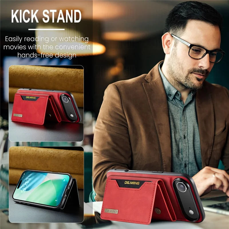 DG.MING Série M2 para iPhone 17 Capa de Ar em Couro PU + PC + TPU Capa de Celular Carteira Destacável - Vermelho