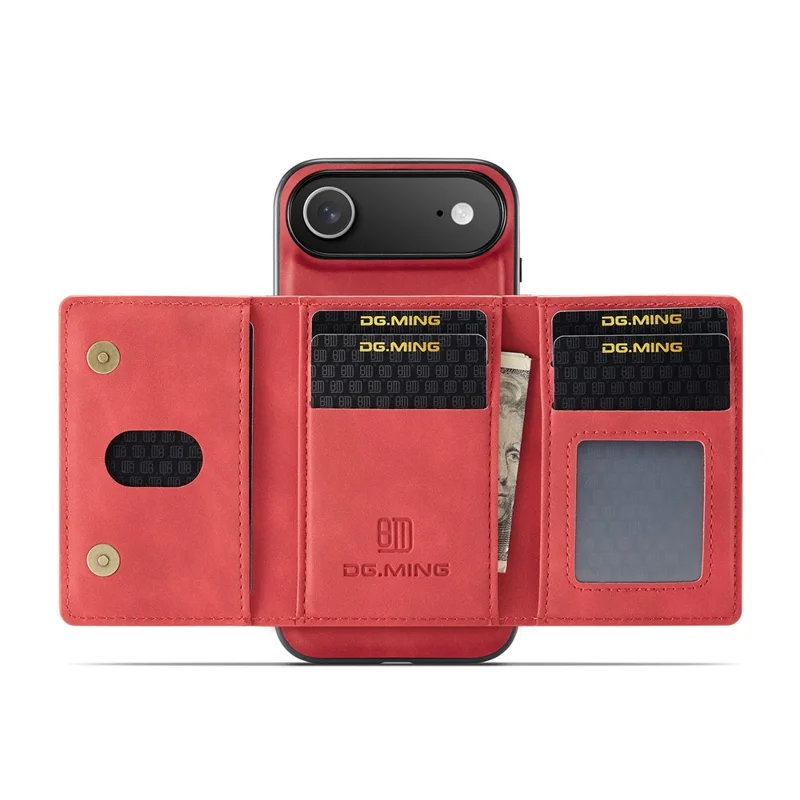 DG.MING Série M2 para iPhone 17 Capa de Ar em Couro PU + PC + TPU Capa de Celular Carteira Destacável - Vermelho