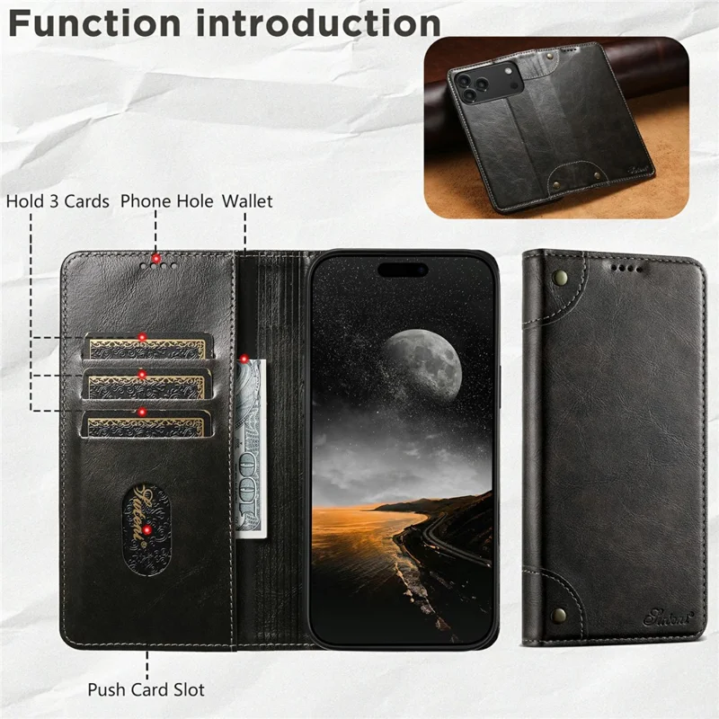SUTENI для iPhone 17 Pro Чехол из искусственной кожи со складной подставкой и отделением для карт - Черный