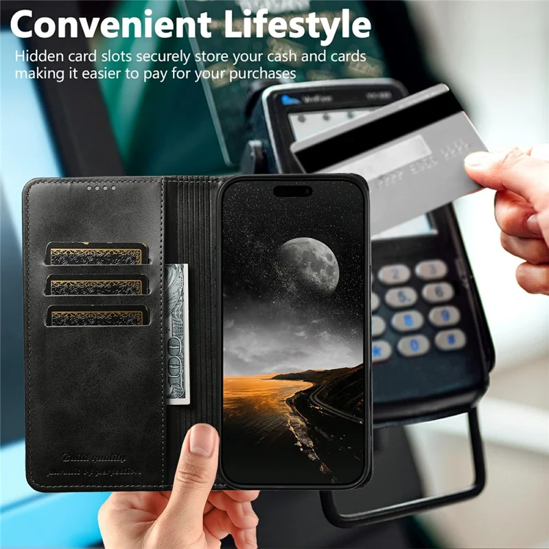 SUTENI For iPhone 17 Pro Max Case PU Leather Wallet Stand Magnetic Closing Phone Cover - Black