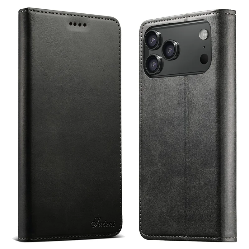 SUTENI For iPhone 17 Pro Case PU Leather Wallet Stand Magnetic Closing Phone Cover - Black