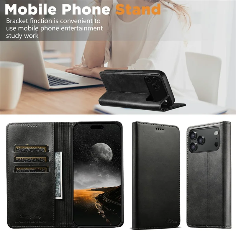 SUTENI For iPhone 17 Pro Case PU Leather Wallet Stand Magnetic Closing Phone Cover - Black