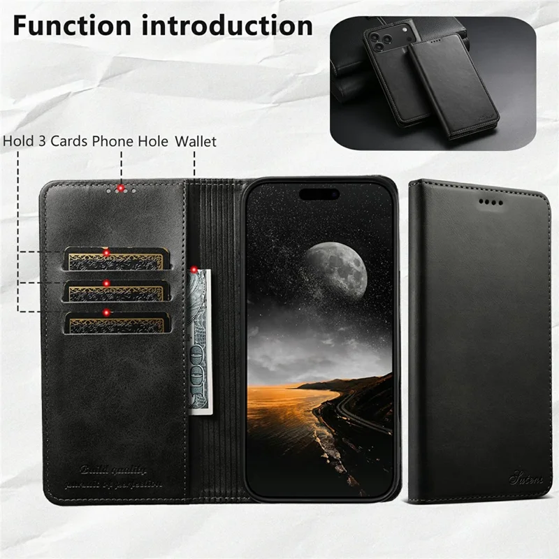 SUTENI For iPhone 17 Pro Case PU Leather Wallet Stand Magnetic Closing Phone Cover - Black