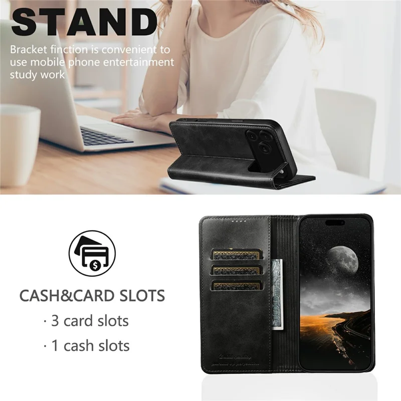 SUTENI For iPhone 17 Pro Case PU Leather Wallet Stand Magnetic Closing Phone Cover - Black