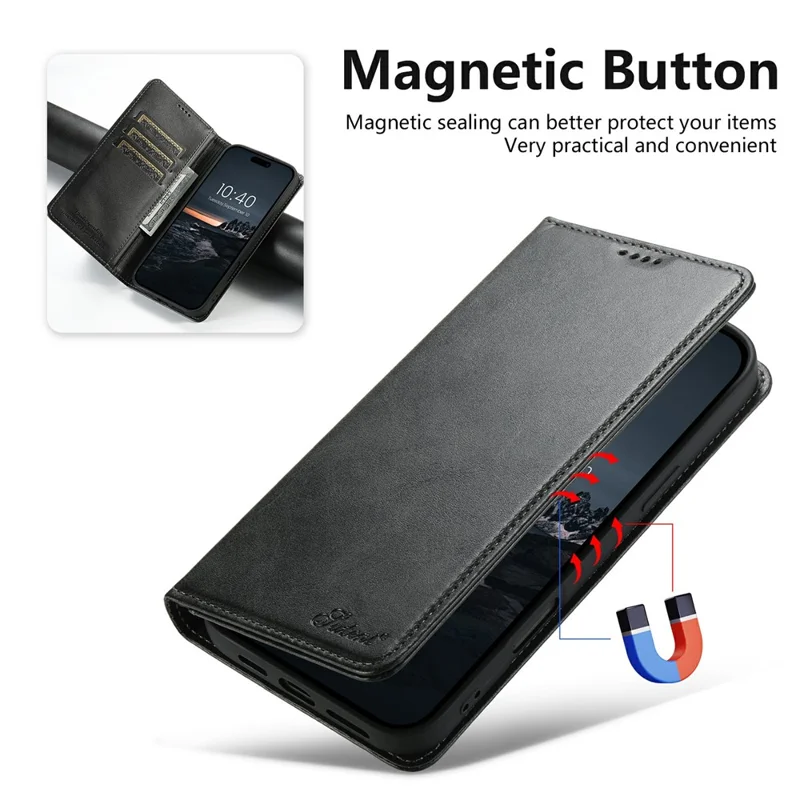 SUTENI For iPhone 17 Pro Case PU Leather Wallet Stand Magnetic Closing Phone Cover - Black