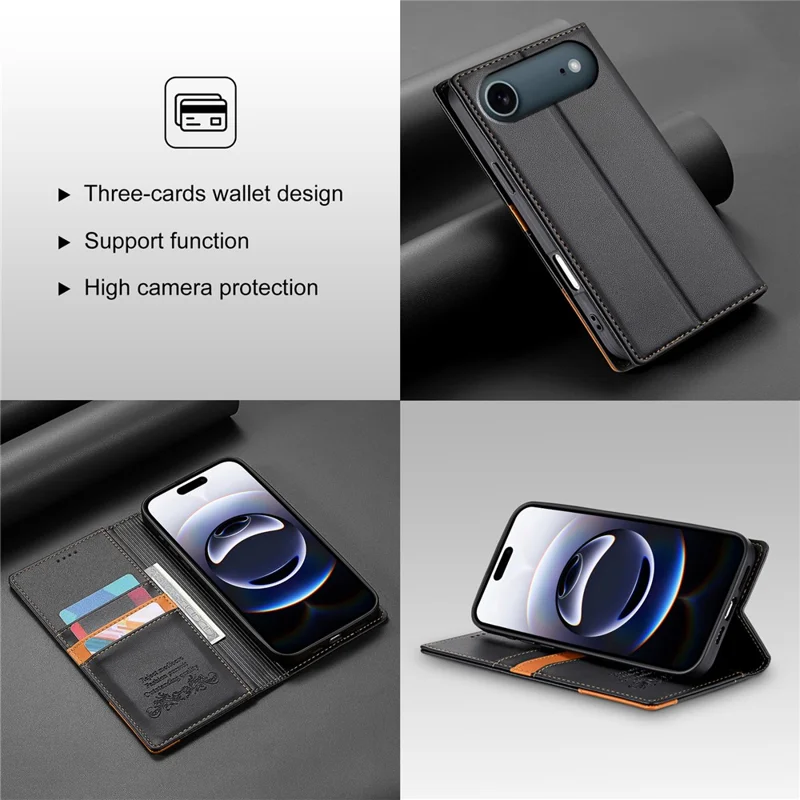 N.BEKUS P3 Funda Tipo Cartera con Bloqueo RFID para iPhone 17 con Soporte - Cuero PU Negro