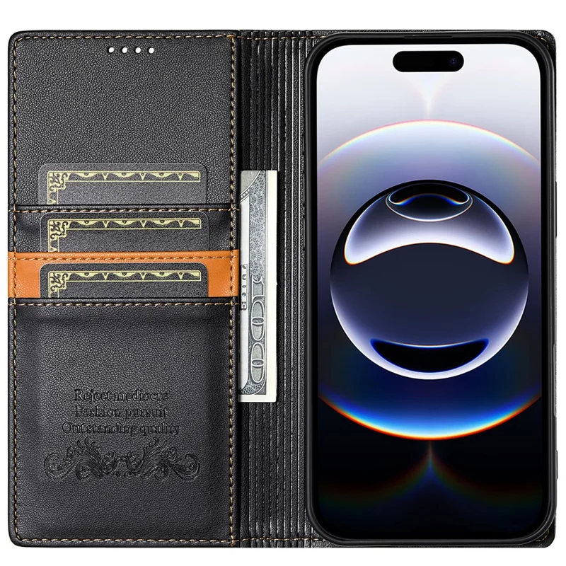 N.BEKUS P3 Funda tipo cartera con bloqueo RFID para iPhone 17 Pro con soporte de cuero PU tipo libro - Negro