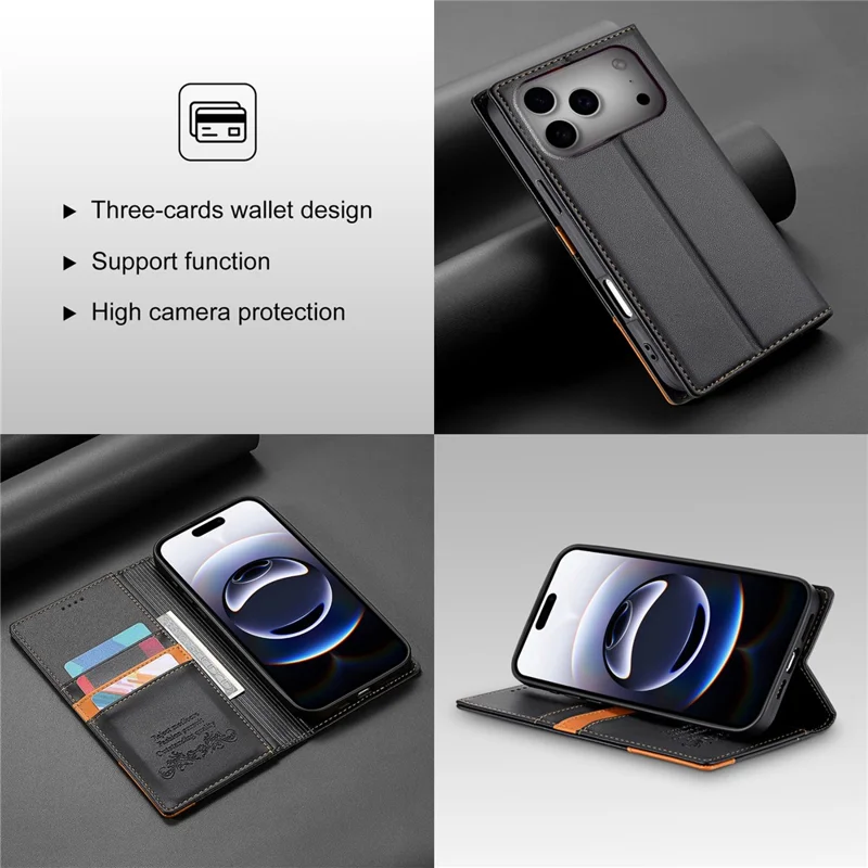 N.BEKUS P3 Étui Portefeuille en Cuir PU avec Blocage RFID et Support pour iPhone 17 Pro Max - Noir