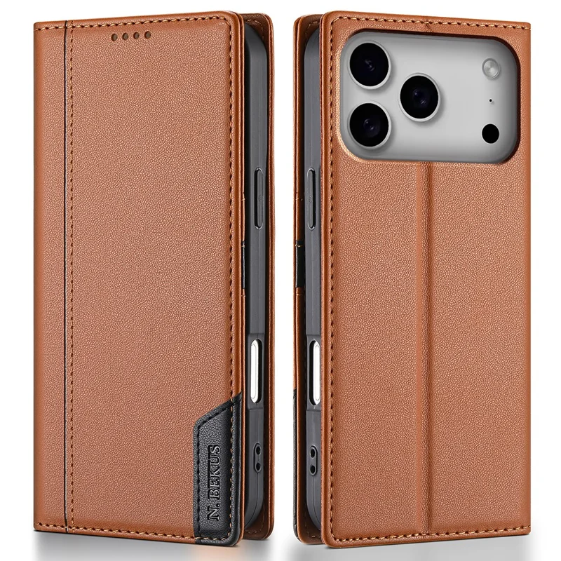 N.BEKUS P3 Funda Cartera con Bloqueo RFID para iPhone 17 Pro Max con Soporte de Cuero PU Tipo Libro - Marrón