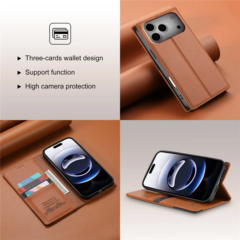 N.BEKUS P3 Funda Cartera con Bloqueo RFID para iPhone 17 Pro Max con Soporte de Cuero PU Tipo Libro - Marrón
