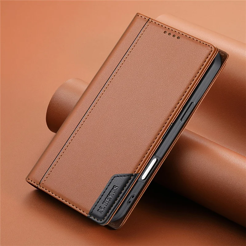 N.BEKUS P3 Funda Cartera con Bloqueo RFID para iPhone 17 Pro Max con Soporte de Cuero PU Tipo Libro - Marrón