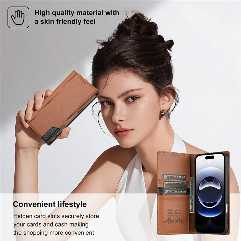 N.BEKUS P3 Funda Cartera con Bloqueo RFID para iPhone 17 Pro Max con Soporte de Cuero PU Tipo Libro - Marrón