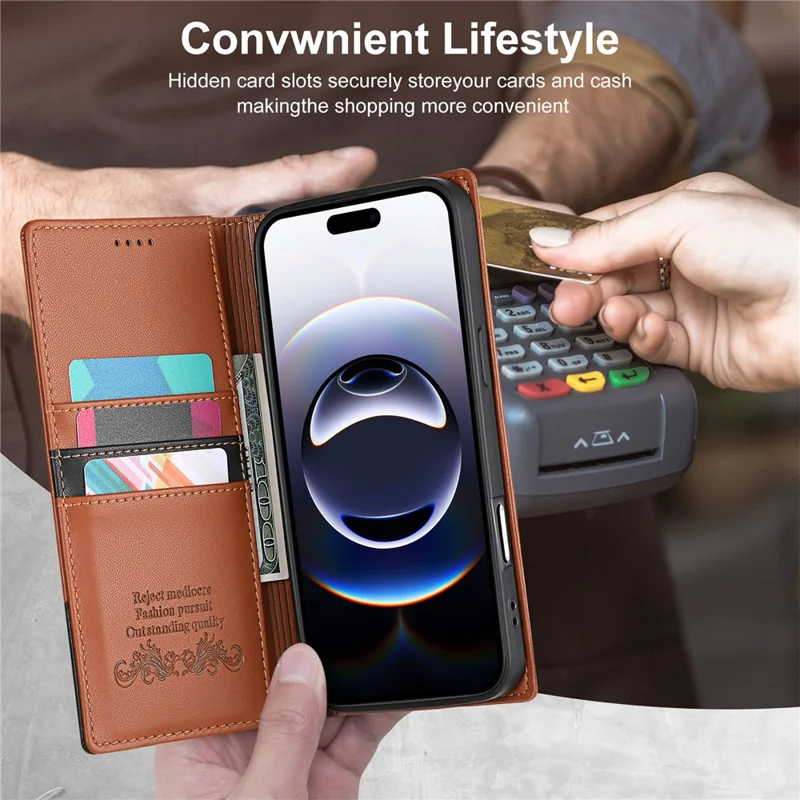 N.BEKUS P3 Funda Cartera con Bloqueo RFID para iPhone 17 Pro Max con Soporte de Cuero PU Tipo Libro - Marrón