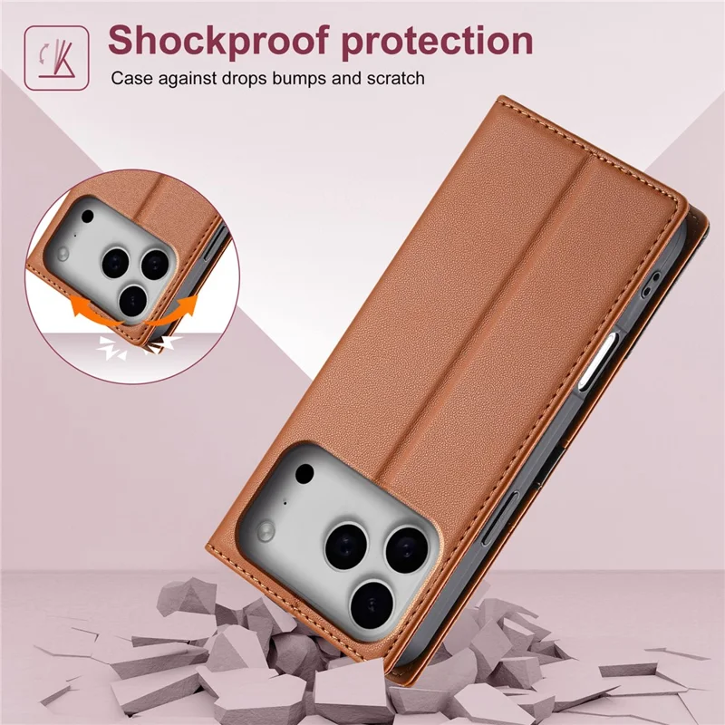 N.BEKUS P3 Funda Cartera con Bloqueo RFID para iPhone 17 Pro Max con Soporte de Cuero PU Tipo Libro - Marrón