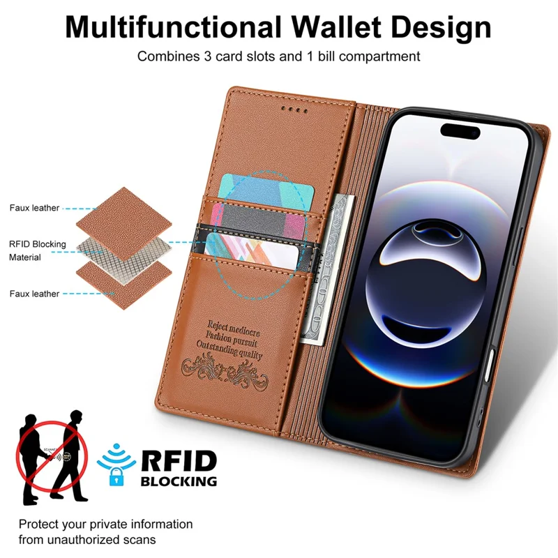 N.BEKUS P3 Funda Cartera con Bloqueo RFID para iPhone 17 Pro Max con Soporte de Cuero PU Tipo Libro - Marrón