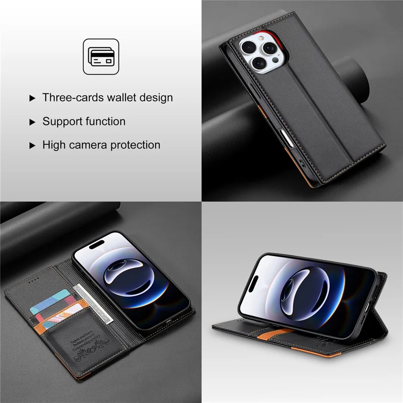Чехол N.BEKUS P3 для iPhone 16 Pro с блокировкой RFID, подставкой и флип-обложкой из искусственной кожи - Черный