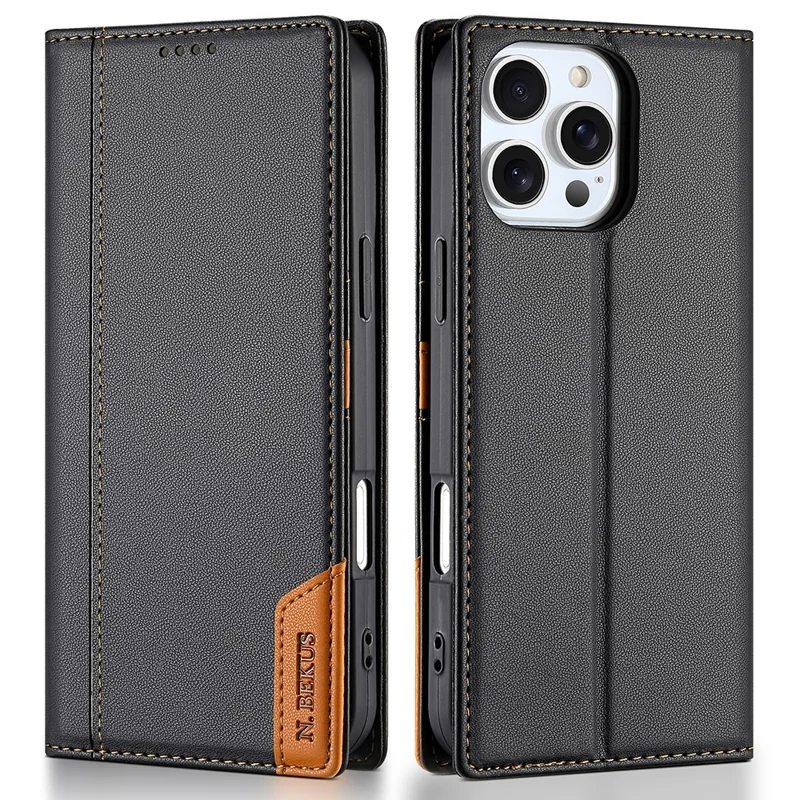 N.BEKUS P3 Para iPhone 16 Pro Max Funda Cartera con Bloqueo RFID Soporte de Piel de PU Tapa de Teléfono - Negro