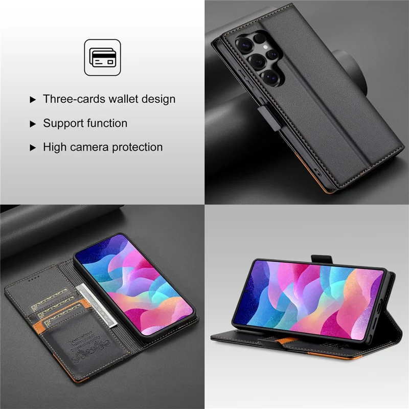Чехол-книжка N.BEKUS P3 для Samsung Galaxy S25 Ultra с блокировкой RFID, подставкой и отделением для карт, кожа PU, черный