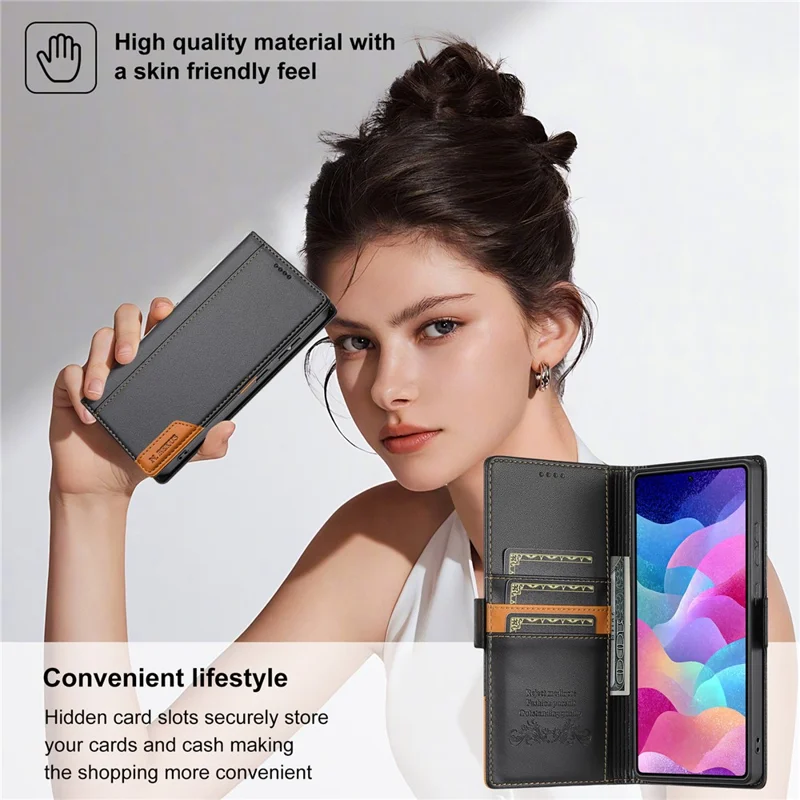 Чехол-книжка N.BEKUS P3 для Samsung Galaxy S25 Ultra с блокировкой RFID, подставкой и отделением для карт, кожа PU, черный