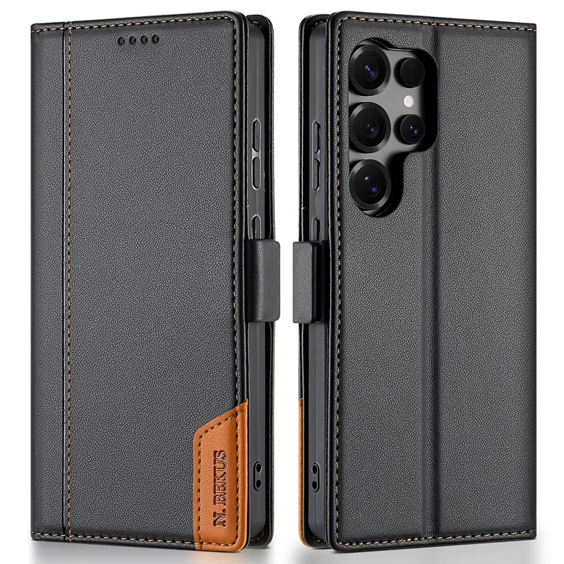 Чехол-книжка из искусственной кожи N.BEKUS P3 для Samsung Galaxy S24 Ultra с блокировкой RFID и подставкой - Черный