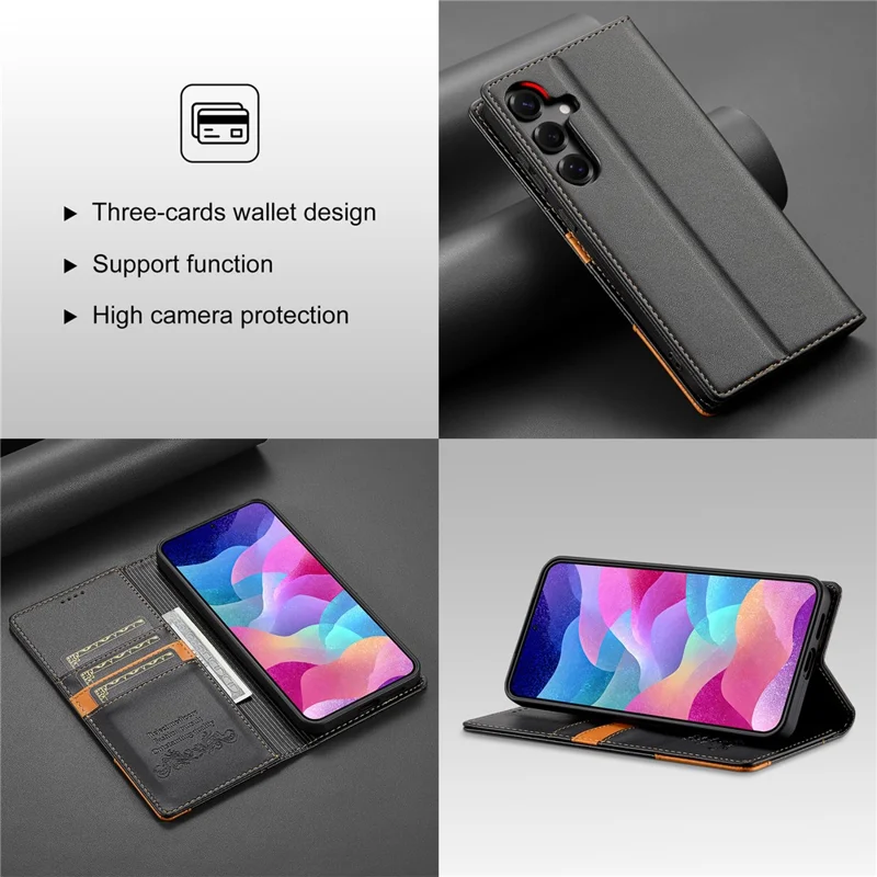 N.BEKUS P3 Funda tipo cartera para Samsung Galaxy S25 FE con bloqueo RFID, soporte y cubierta abatible de cuero PU - Negro