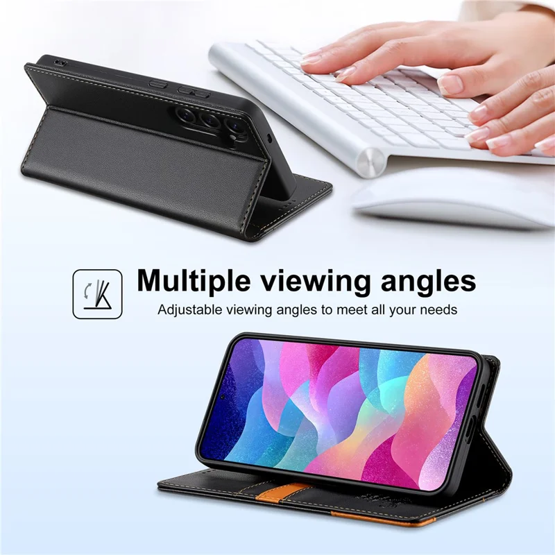 N.BEKUS P3 Funda tipo cartera para Samsung Galaxy S25 FE con bloqueo RFID, soporte y cubierta abatible de cuero PU - Negro