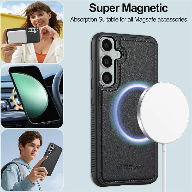 LC.IMEEKE L2 Series for Samsung Galaxy S25 FE Case PU Leather Wallet Detachable Magnetic Phone Cover - Black