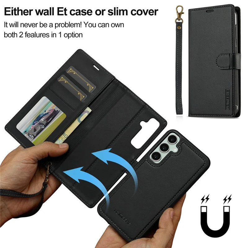 LC.IMEEKE L2 Series for Samsung Galaxy S25 FE Case PU Leather Wallet Detachable Magnetic Phone Cover - Black