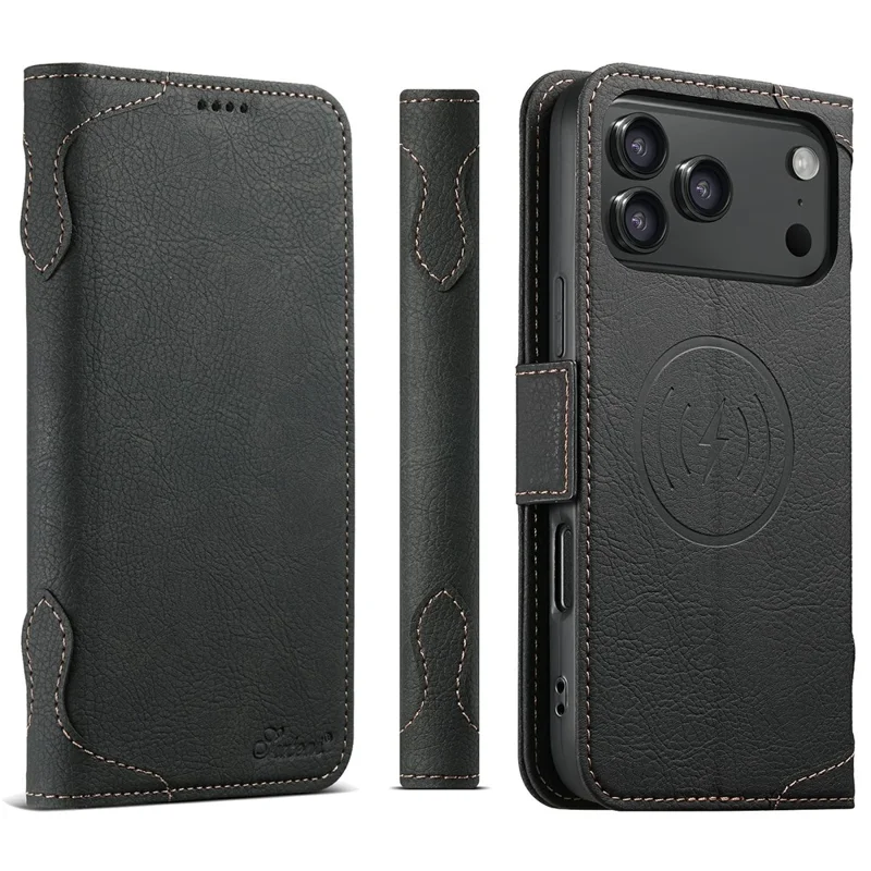 SUTENI J07 For iPhone 17 Pro Max Case Compatible with MagSafe Litchi Texture Leather Wallet Phone Cover - Black