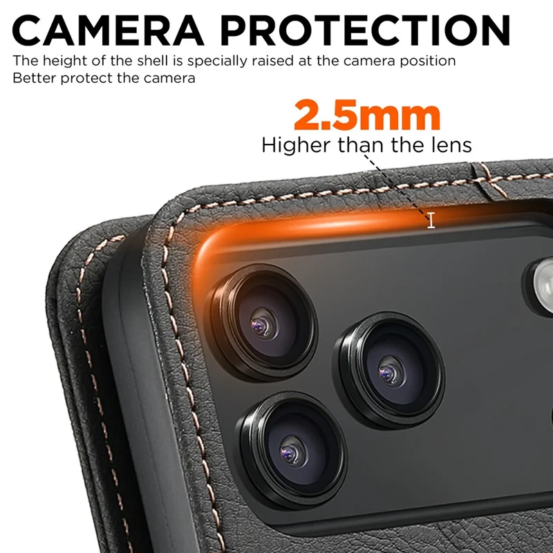 SUTENI J07 For iPhone 17 Pro Max Case Compatible with MagSafe Litchi Texture Leather Wallet Phone Cover - Black