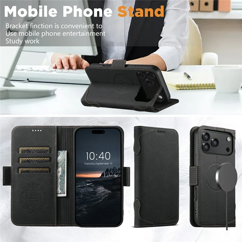 SUTENI J07 For iPhone 17 Pro Max Case Compatible with MagSafe Litchi Texture Leather Wallet Phone Cover - Black