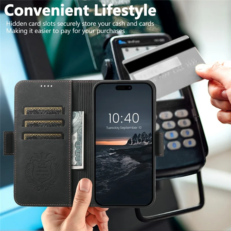 SUTENI J07 For iPhone 17 Pro Max Case Compatible with MagSafe Litchi Texture Leather Wallet Phone Cover - Black