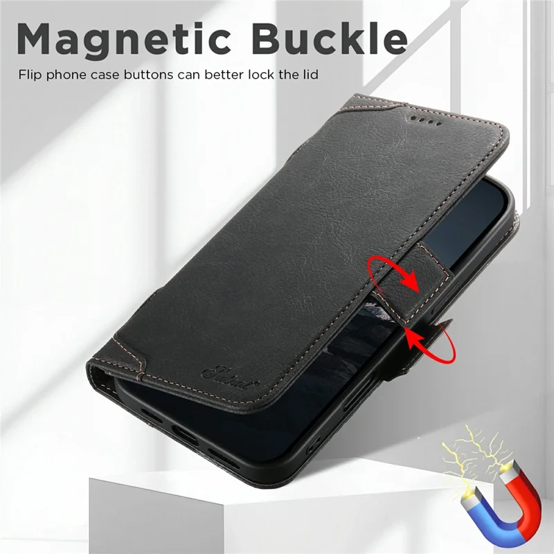 SUTENI J07 For iPhone 17 Pro Max Case Compatible with MagSafe Litchi Texture Leather Wallet Phone Cover - Black