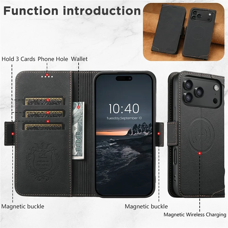 SUTENI J07 For iPhone 17 Pro Max Case Compatible with MagSafe Litchi Texture Leather Wallet Phone Cover - Black