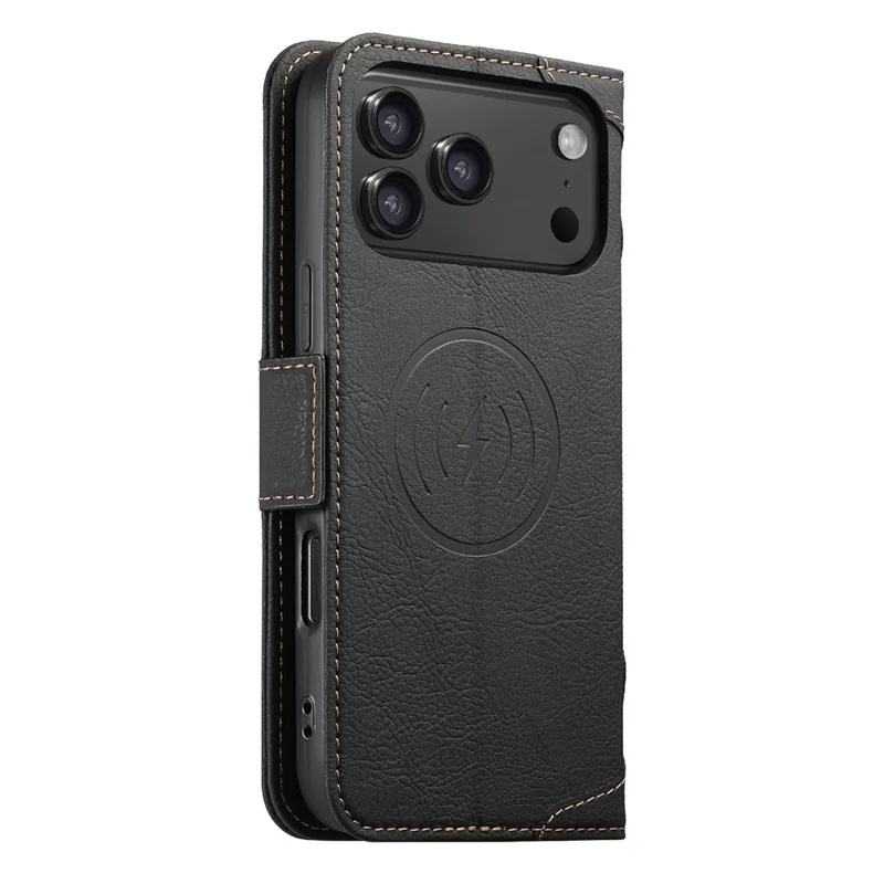 SUTENI J07 For iPhone 17 Pro Case Compatible with MagSafe Litchi Texture Leather Wallet Phone Cover - Black