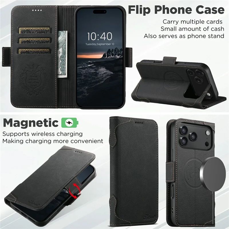 SUTENI J07 For iPhone 17 Pro Case Compatible with MagSafe Litchi Texture Leather Wallet Phone Cover - Black