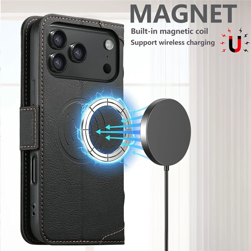 SUTENI J07 For iPhone 17 Pro Case Compatible with MagSafe Litchi Texture Leather Wallet Phone Cover - Black