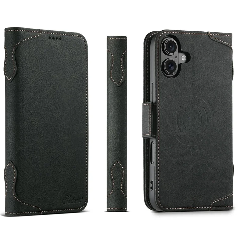 SUTENI J07 For iPhone 17 Case Compatible with MagSafe Litchi Texture Leather Wallet Phone Cover - Black