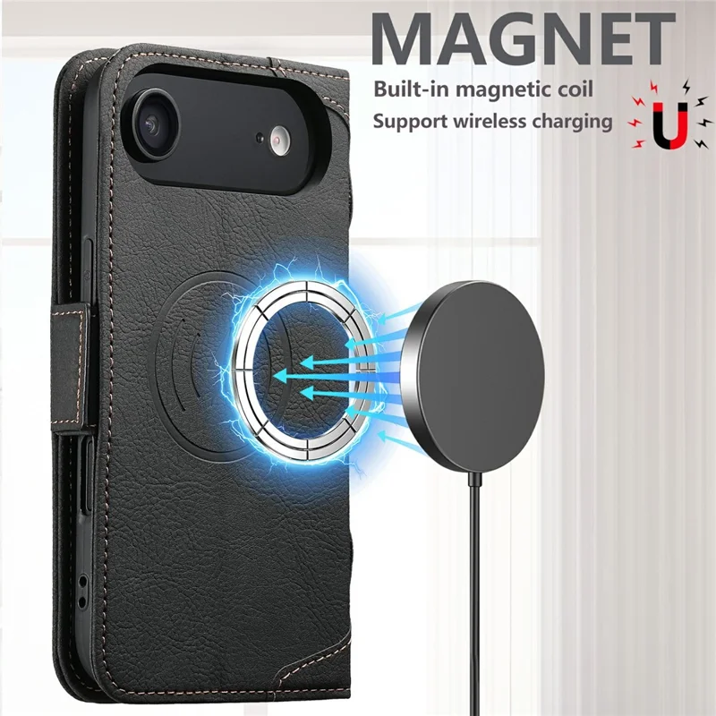 SUTENI J07 For iPhone 17 Air Case Compatible with MagSafe Litchi Texture Leather Wallet Phone Cover - Black