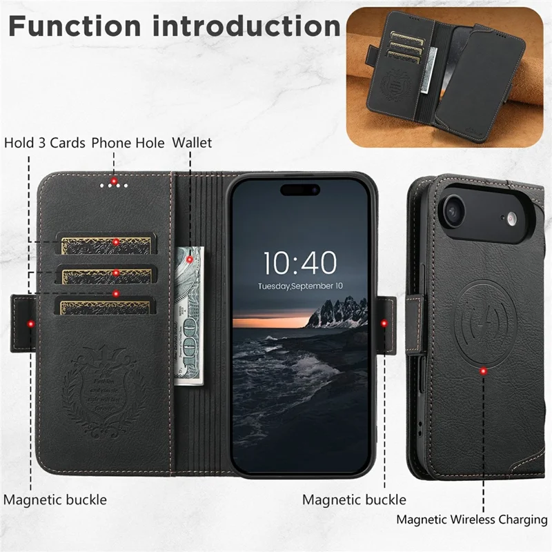SUTENI J07 For iPhone 17 Air Case Compatible with MagSafe Litchi Texture Leather Wallet Phone Cover - Black