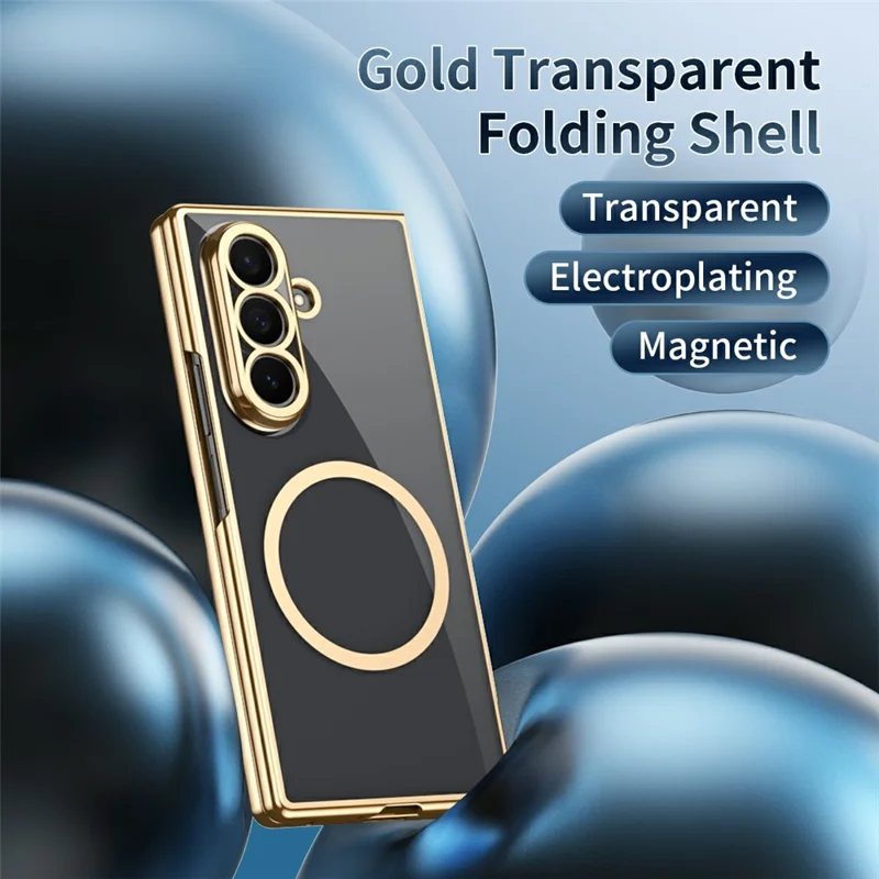 For Samsung Galaxy Z Fold7 5G Magnetic Case Electroplated PC Clear Phone Cover with Tempered Glass Film - Gold