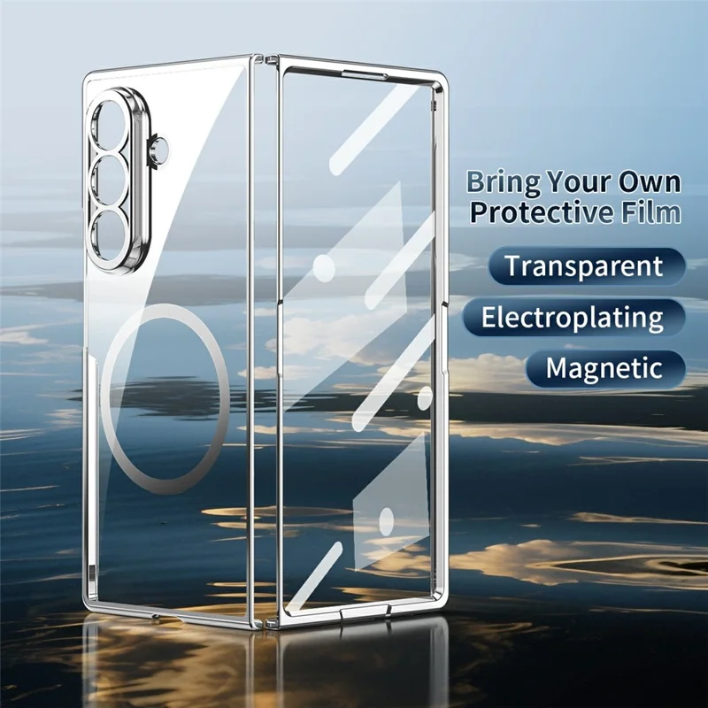 For Samsung Galaxy Z Fold7 5G Magnetic Case Electroplated PC Clear Phone Cover with Tempered Glass Film - Gold