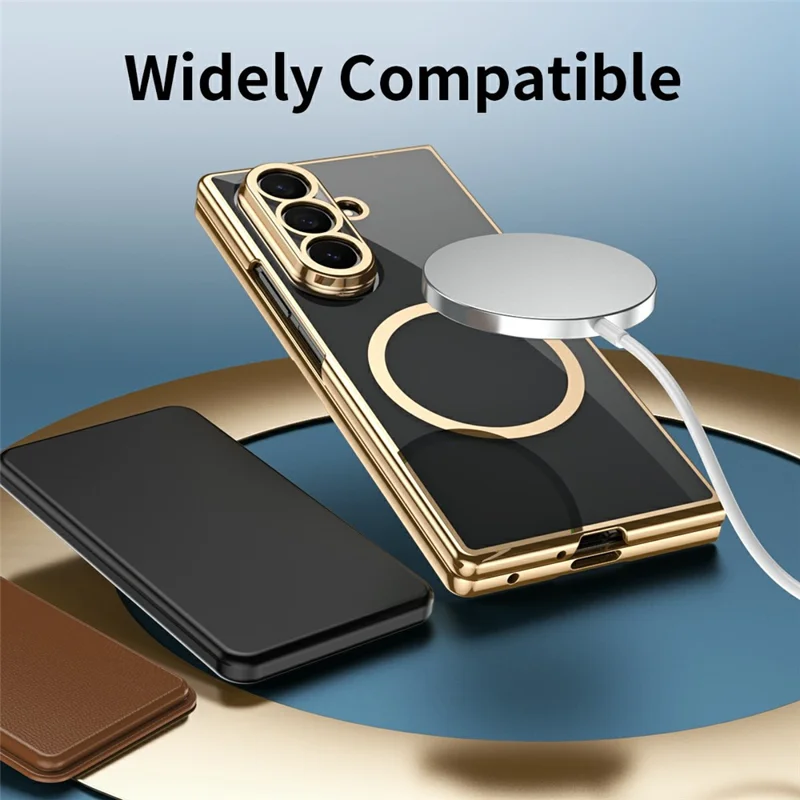 For Samsung Galaxy Z Fold7 5G Magnetic Case Electroplated PC Clear Phone Cover with Tempered Glass Film - Gold