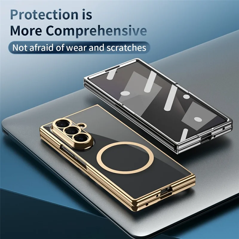 For Samsung Galaxy Z Fold7 5G Magnetic Case Electroplated PC Clear Phone Cover with Tempered Glass Film - Gold