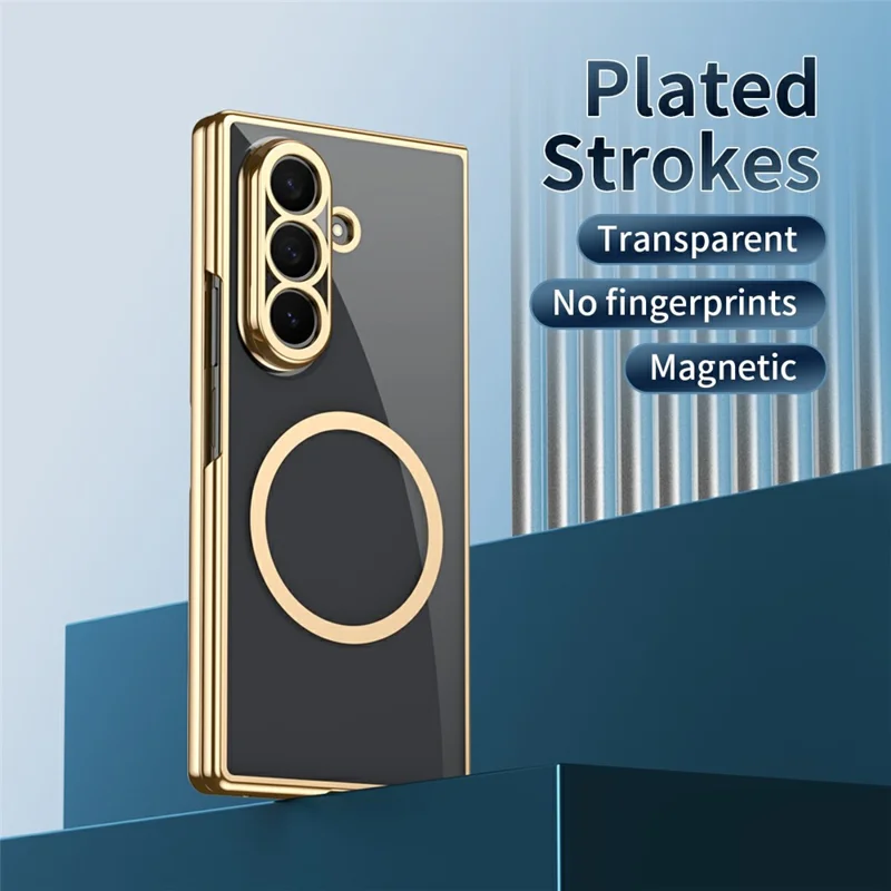 For Samsung Galaxy Z Fold7 5G Magnetic Case Electroplated PC Clear Phone Cover with Tempered Glass Film - Gold