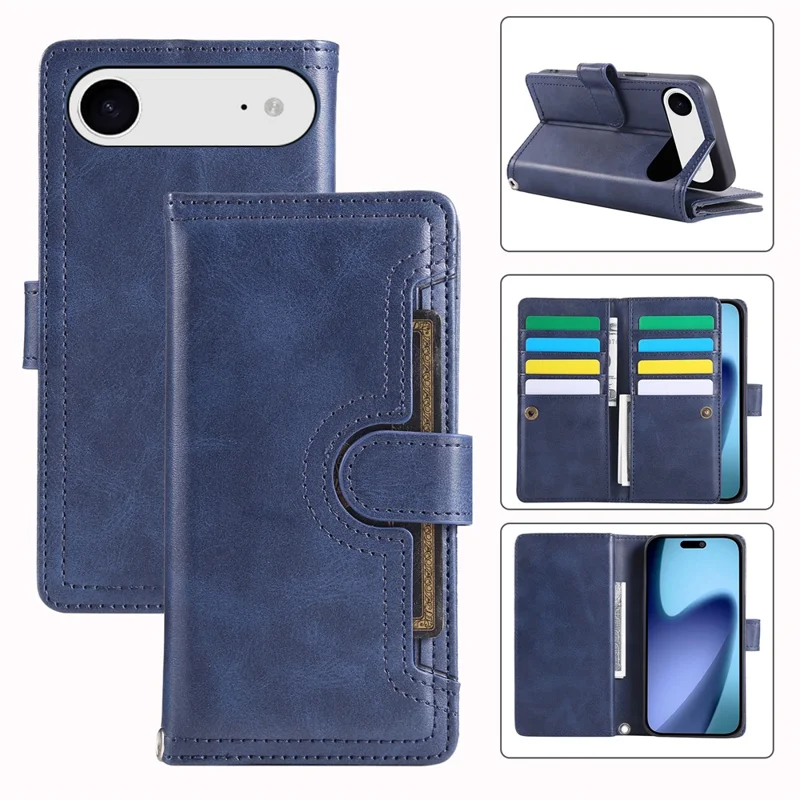 For iPhone Air Case Split Leather Magnetic Wallet Phone Protector with Wrist Strap - Blue