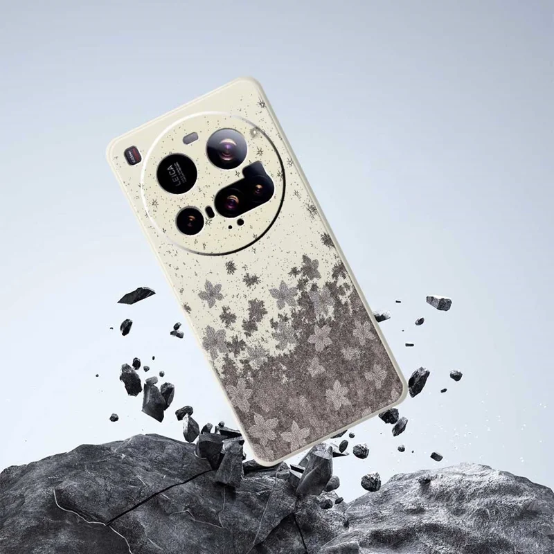 For Xiaomi 15 Ultra Case Grey Flowers Pattern Printing Straight Edge TPU Phone Back Cover - Beige