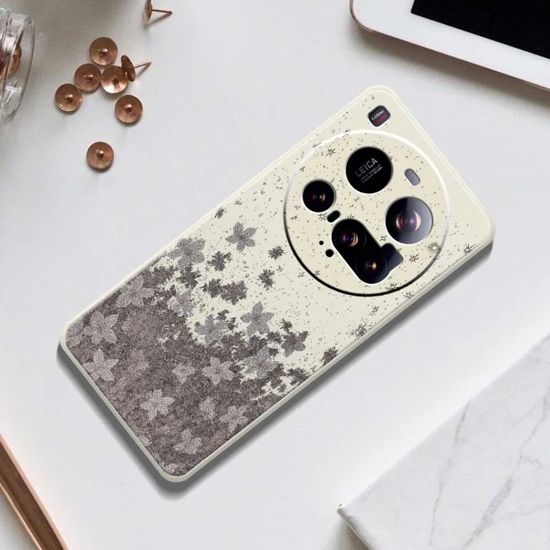 For Xiaomi 15 Ultra Case Grey Flowers Pattern Printing Straight Edge TPU Phone Back Cover - Beige