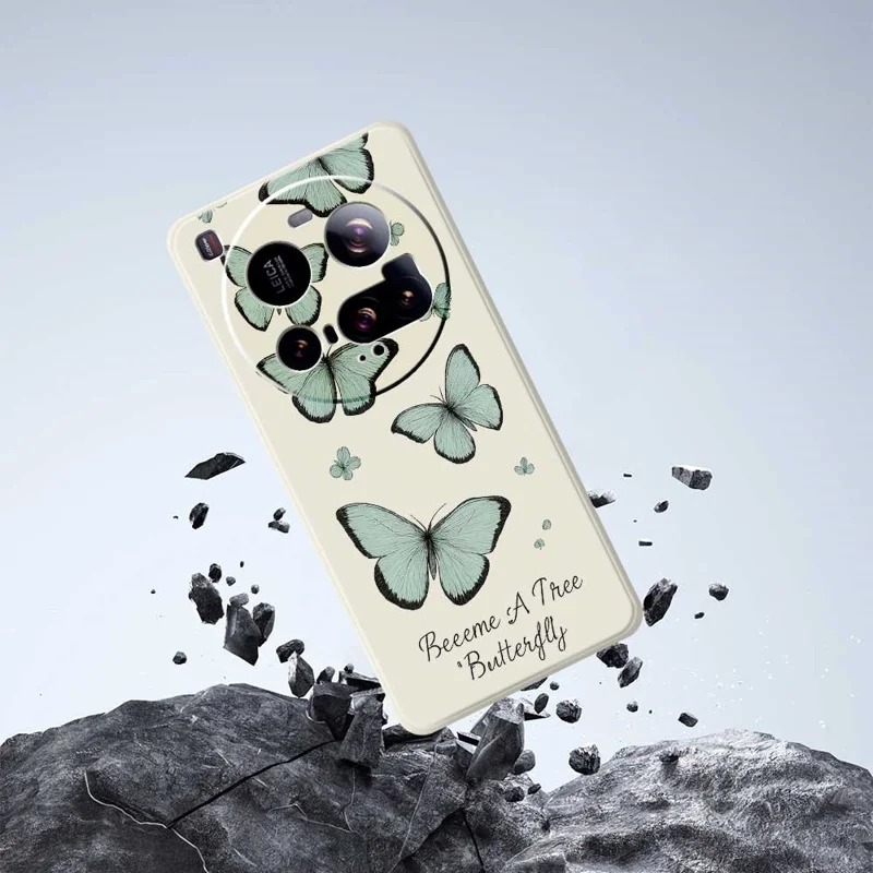 For Xiaomi 15 Ultra Case Green Butterfly Pattern Printing Straight Edge TPU Phone Back Cover - Beige